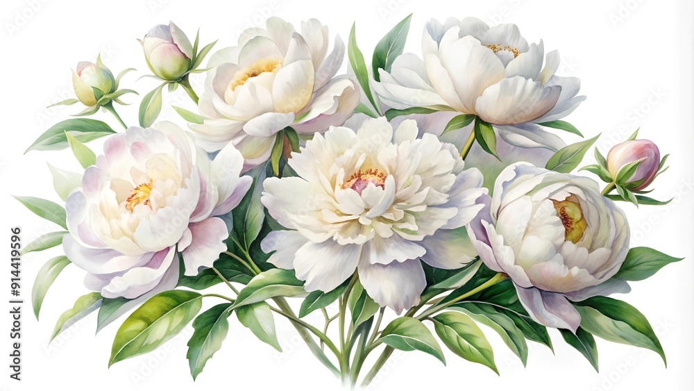 Fototapeta premium A Symphony of White: A Watercolor Bouquet of Blooming Peonies AI generated
