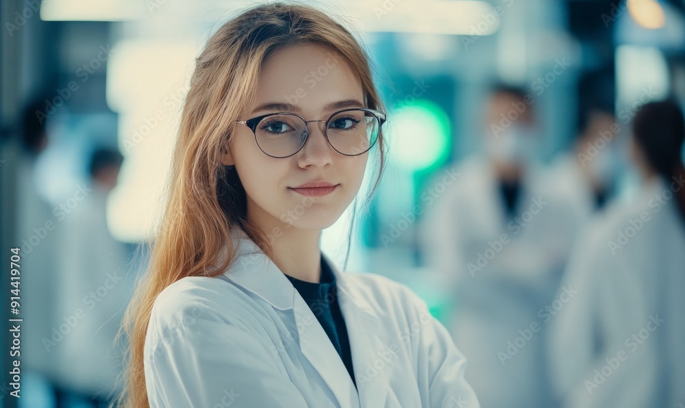 Fototapeta premium Dedicated Female Scientist in Modern Medical Laboratory: Celebrating Nurses Day. Young Professional in White Coat and Glasses Leading Expert Team. Innovative Healthcare Research 4K Background for Medi