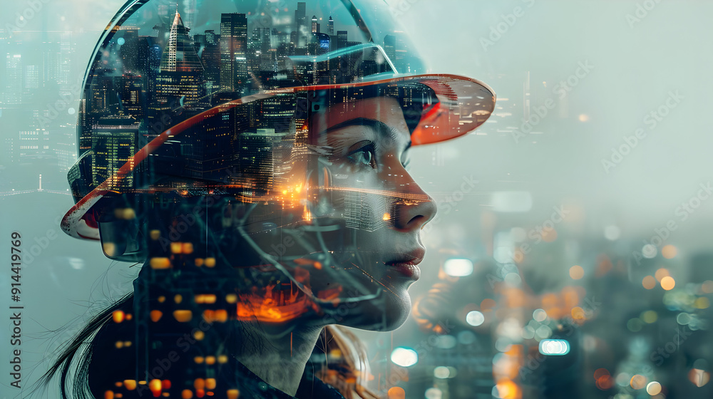 Woman in hard hat with a cityscape overlay, conceptualizing urban development. Woman in hard hat with a cityscape overlay, conceptualizing urban development.