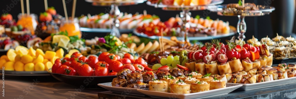 Luxury event catering buffet showcasing an array of snacks and appetizers Luxury event catering buffet showcasing an array of snacks and appetizers