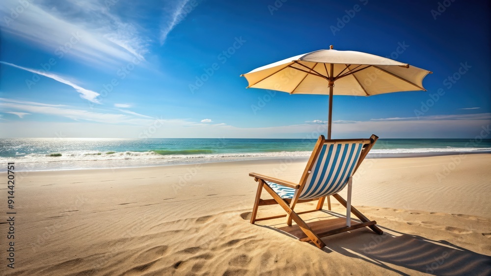 Beach chair with umbrella on sandy beach, relaxation, vacation, summer, sun protection, outdoor furniture, relaxation