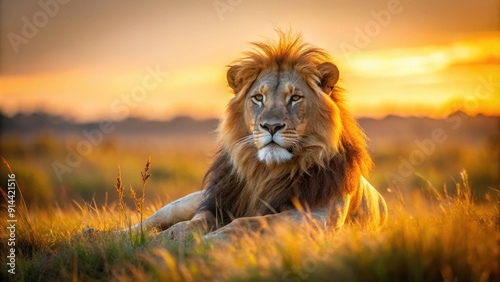 Regal lion resting in the savanna under the golden sunset rays, lion, king of the jungle, majestic, savanna, wildlife, wild animal