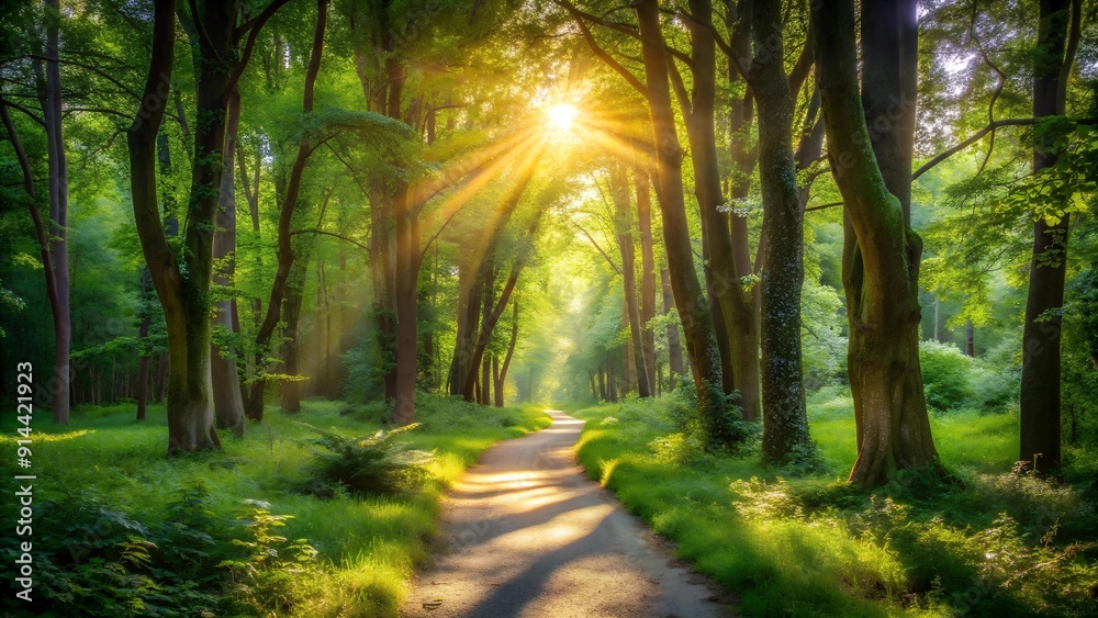 Sun-Dappled Path Through a Tranquil Forest Generative AI Sun-Dappled Path Through a Tranquil Forest Generative AI