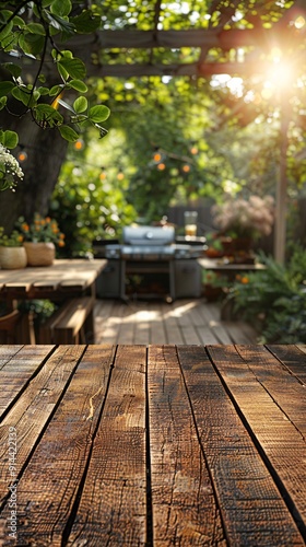 Wooden table on garden background with grill