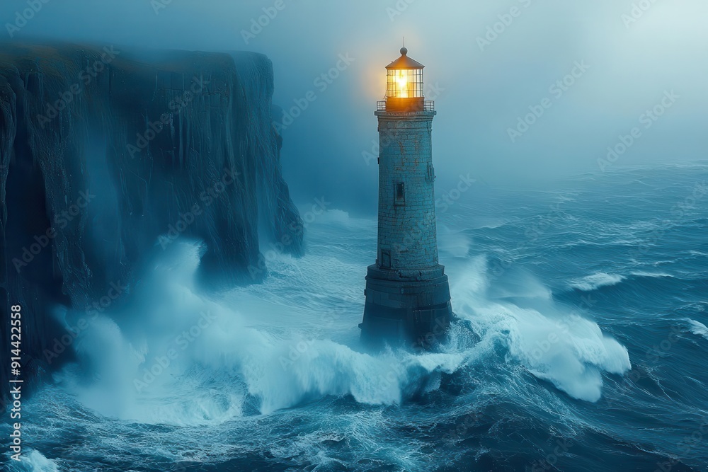 ancient stone lighthouse on jagged cliff face stormy seas crash below while warm light from the beacon pierces gathering storm clouds ancient stone lighthouse on jagged cliff face stormy seas crash below while warm light from the beacon pierces gathering storm clouds