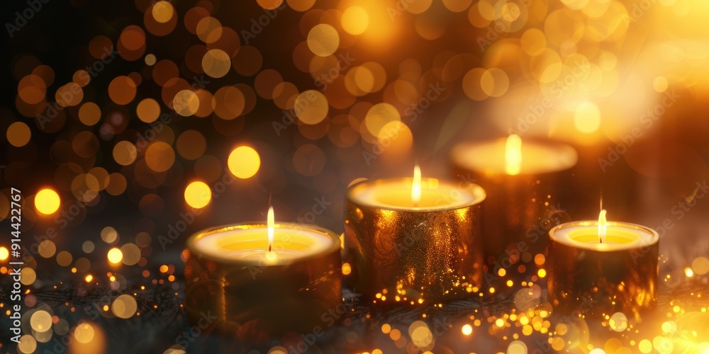 All Saints' Day. Burning candles with golden bokeh on dark background, closeup. All Saints' Day. Burning candles with golden bokeh on dark background, closeup.