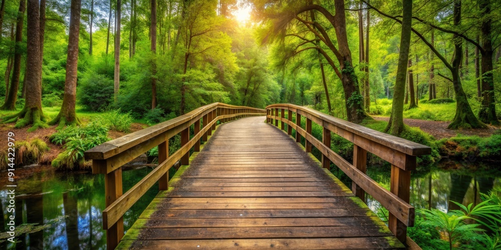 Obraz premium A picturesque wooden bridge in the heart of a lush forest setting, wooden, bridge, forest, nature, scenery, peaceful, tranquil
