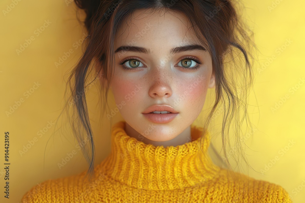 animated 3d rendering of a perplexed young woman in a vibrant yellow sweater her expressive face conveying doubt and confusion clean minimalist background with subtle shadows animated 3d rendering of a perplexed young woman in a vibrant yellow sweater her expressive face conveying doubt and confusion clean minimalist background with subtle shadows