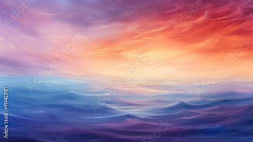 A painting of a sunset with a blue ocean in the background