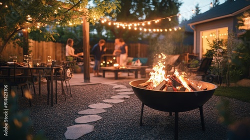 A warm fire crackles in a circular pit while friends gather under string lights, enjoying a pleasant evening outdoors. photo