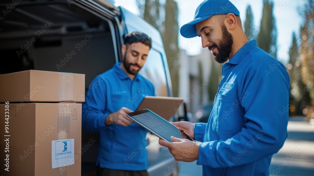 Two delivery men in blue uniforms use a tablet computer while loading packages with their coworker in a delivery van.