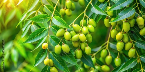 Fresh neem fruit and leaves on tree in natural setting , Neem, Azadirachta indica, tree, fruit, green, leaf, medicinal