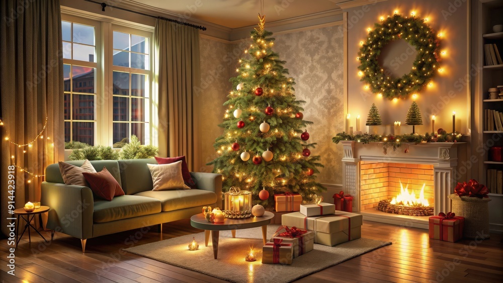 Cozy living room with glowing Christmas tree, gifts, and warm lights, festive, decorated, holiday, cozy, warmth, lights Cozy living room with glowing Christmas tree, gifts, and warm lights, festive, decorated, holiday, cozy, warmth, lights