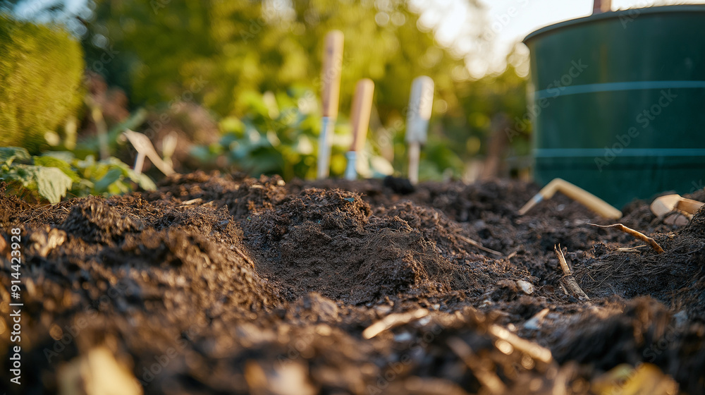 Freshly Tilled Soil in Home Garden with Compost Bin in Background Freshly Tilled Soil in Home Garden with Compost Bin in Background