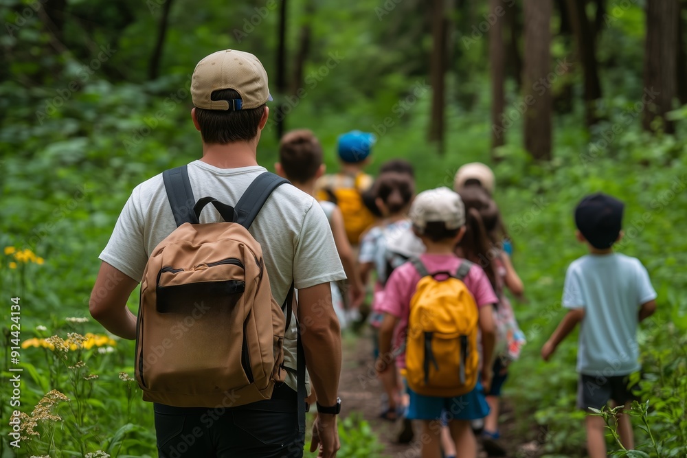 Group of Young Children Hiking on a Trail Surrounded by Greenery on a Summer Day Group of Young Children Hiking on a Trail Surrounded by Greenery on a Summer Day