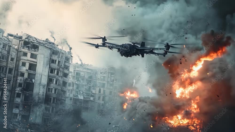 Drone operates in a devastated urban area during a fiery conflict at dusk