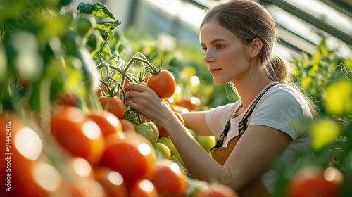 Young Woman Harvesting Fresh Tomatoes in Greenhouse at Sunset photo