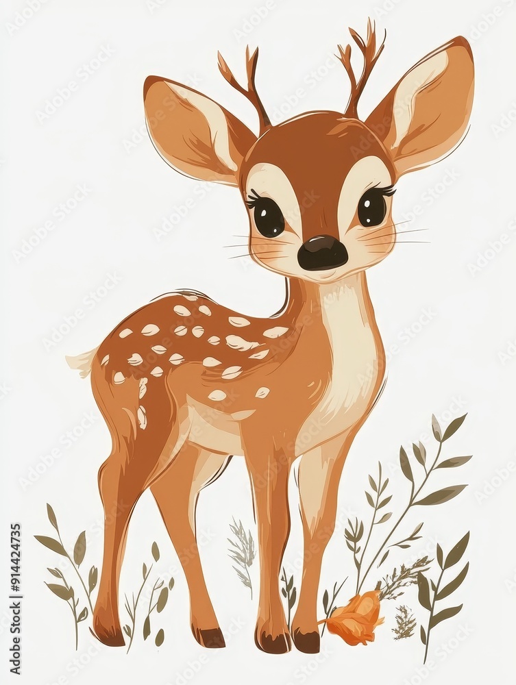 Adorable Fawn Illustration with Autumnal Foliage Adorable Fawn Illustration with Autumnal Foliage