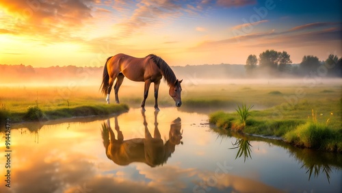 A Horse in the Mist, Drinking from a Dew-Covered Meadow  Generative AI
