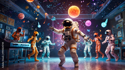 Astronaut dancing with other space creatures in a zero-gravity dance party, with colorful lights and music