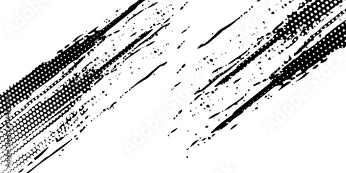 abstract black and white grunge background with splashes and halftone effects.