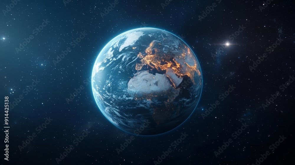 Blue planet Earth with visible continents, atmospheric glow, deep space, stars, and galaxies Blue planet Earth with visible continents, atmospheric glow, deep space, stars, and galaxies