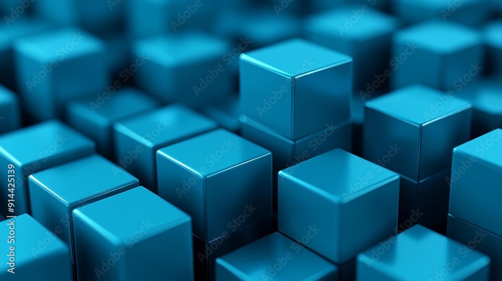 Blue cubic structures forming a complex maze, overlapping layers, reflective surfaces, contemporary digital abstraction Blue cubic structures forming a complex maze, overlapping layers, reflective surfaces, contemporary digital abstraction