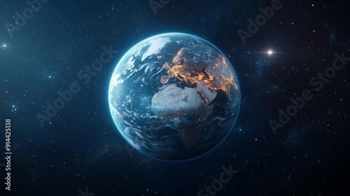 Fototapeta Naklejka Na Ścianę i Meble -  Blue planet Earth with visible continents, atmospheric glow, deep space, stars, and galaxies