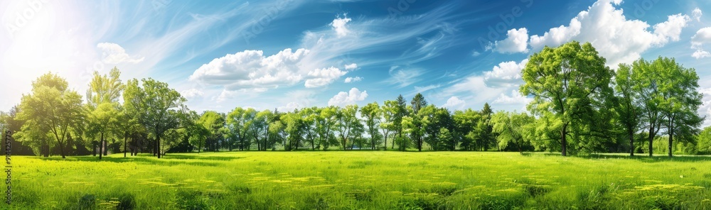 Panoramic View of a Sunny Meadow with Lush Greenery Panoramic View of a Sunny Meadow with Lush Greenery
