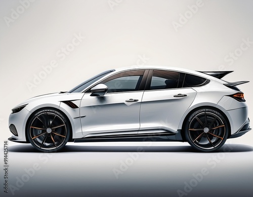 White background, white car with black rims The car is on the right side of the picture