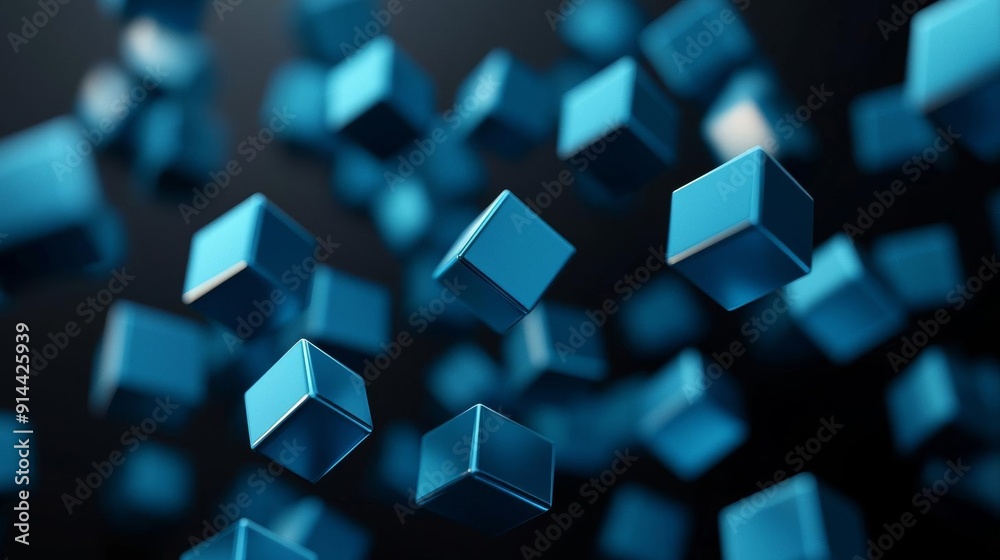 Floating blue cubes in a dynamic 3D composition, varying sizes and angles, luminous lighting, abstract digital art Floating blue cubes in a dynamic 3D composition, varying sizes and angles, luminous lighting, abstract digital art