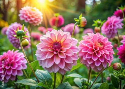 Vibrant pink flowers with delicate petals and intricate patterns bloom amidst lush green leaves in a whimsical, dreamy, and romantic botanical garden setting.
