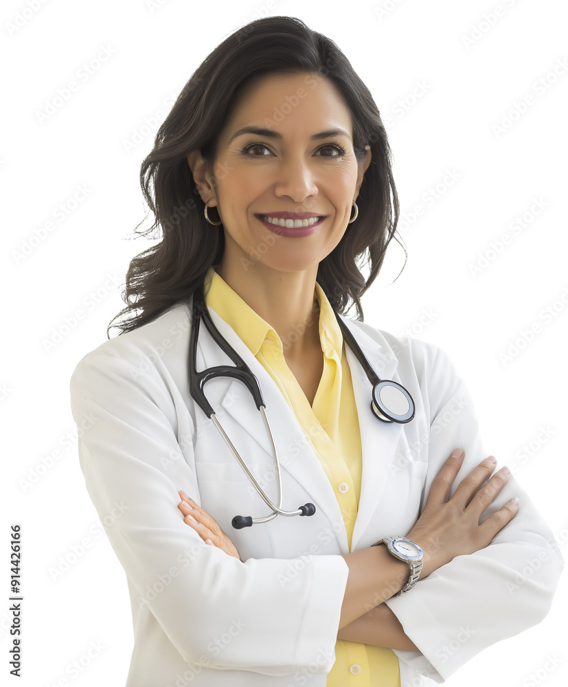 Portrait of smiling Hispanic female doctor with white lab coat and stethoscope, transparent background, cut out Portrait of smiling Hispanic female doctor with white lab coat and stethoscope, transparent background, cut out