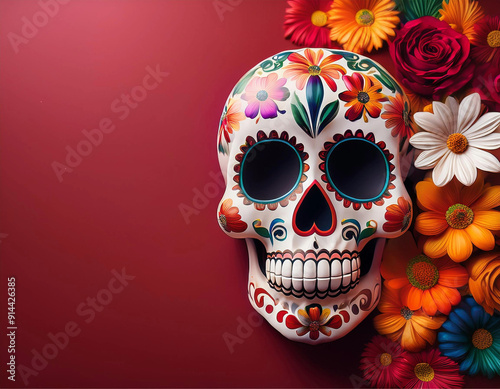 Uma caveira mexicana com pintura de flores e fundo vermelho. Espaço para texto. photo