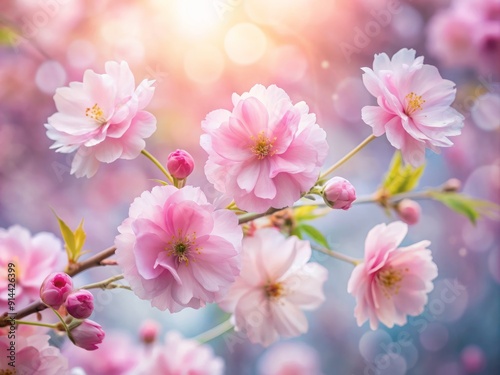 Soft focus captures delicate pink blooms surrounding a serene atmosphere, exuding feminine elegance and gentle charm, evoking feelings of peacefulness and tranquility.