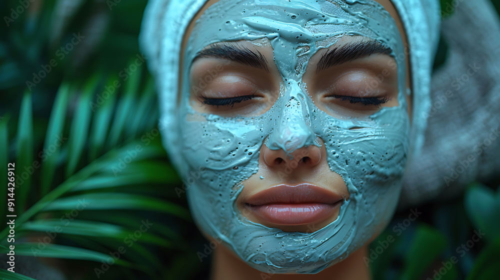 Fototapeta premium Hydrating Gel Facial Mask Surrounded by Greenery.