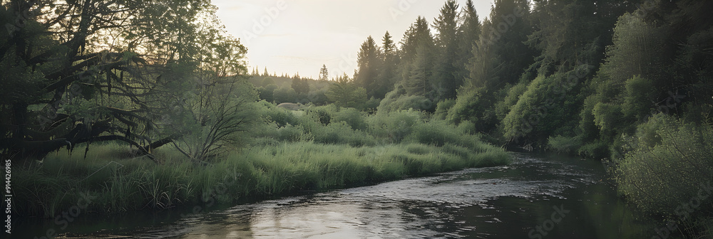 Fototapeta premium Peaceful Natural Landscape with Lush Forest and Gently Flowing River at Dawn or Dusk