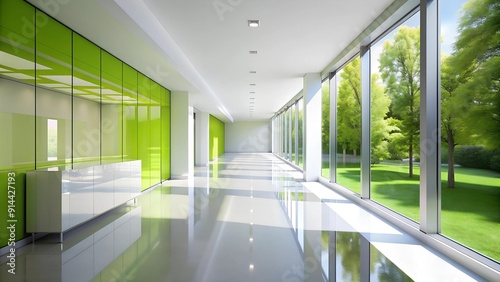 A Modern Oasis: White Hallway with Lush Green Walls AI Generated