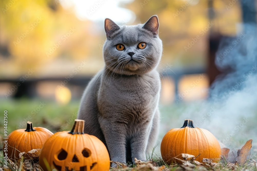 Grey Cat Posing with Pumpkins in Autumn Leaves Grey Cat Posing with Pumpkins in Autumn Leaves