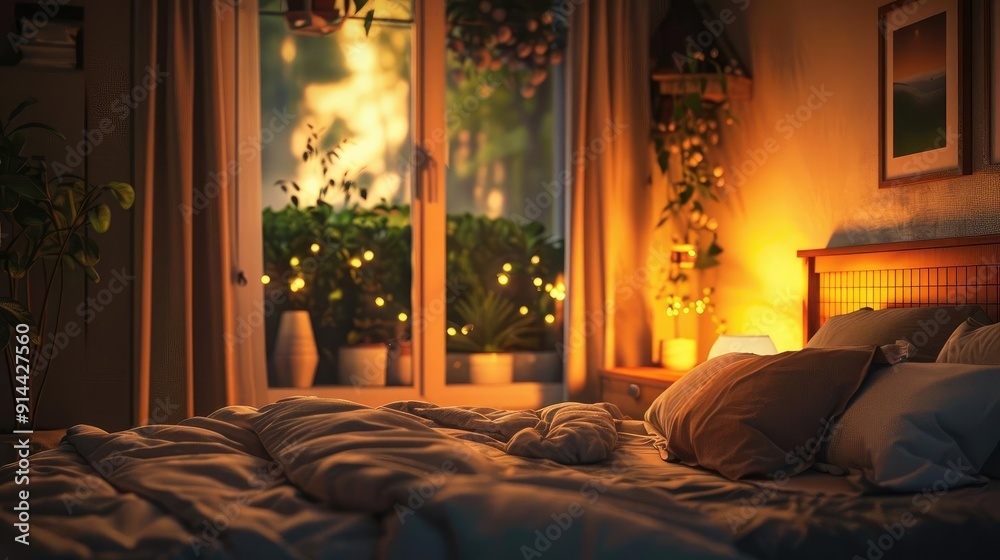 Cozy bedroom scene with soft bedding, warm lighting, and a tranquil view of greenery outside. Perfect for relaxation and comfort. Cozy bedroom scene with soft bedding, warm lighting, and a tranquil view of greenery outside. Perfect for relaxation and comfort.