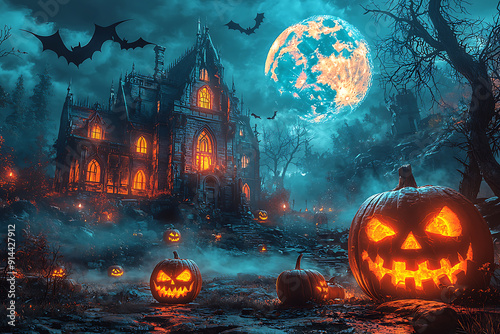 A spooky Halloween scene of a haunted house on a hill under a full moon, with glowing carved pumpkins on the porch. Bats' shadows cross the moonlit sky, and twisted, barren trees surround the house 