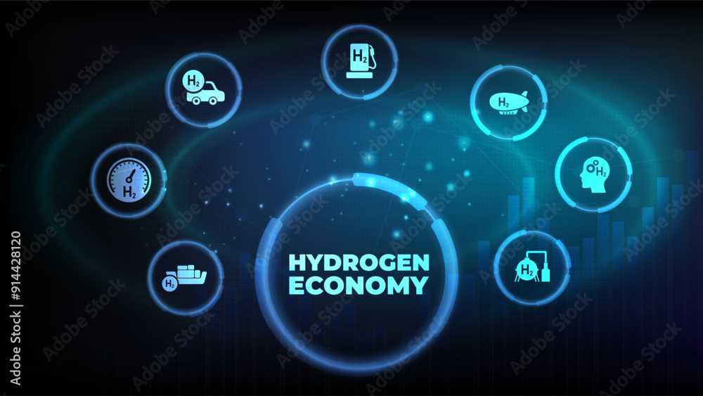 Hydrogen economy vector illustration. Concept with connected icons related to hydrogen use as fuel, in industrial processes, hydrogen storage and transport Hydrogen economy vector illustration. Concept with connected icons related to hydrogen use as fuel, in industrial processes, hydrogen storage and transport