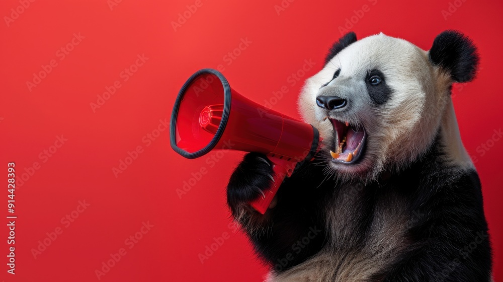 Fototapeta premium Panda Holding Megaphone on Red Background.