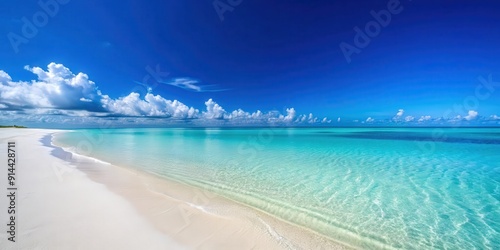 Tranquil beach scene with white sand, calm turquoise waters, and a clear blue sky , Beach, seaside, ocean, relaxation