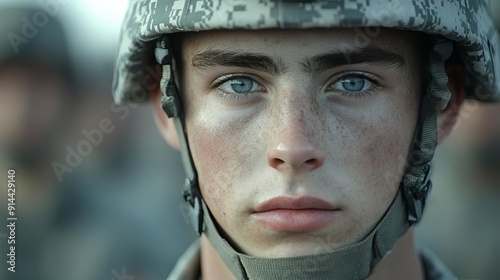 A soldier with a thoughtful expression featuring closeup on the face and uniform