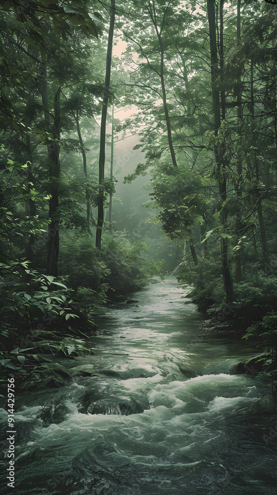 Obraz premium Peaceful Natural Landscape with Lush Forest and Gently Flowing River at Dawn or Dusk