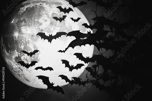 Bats Silhouetted Against a Full Moon in a Night Sky