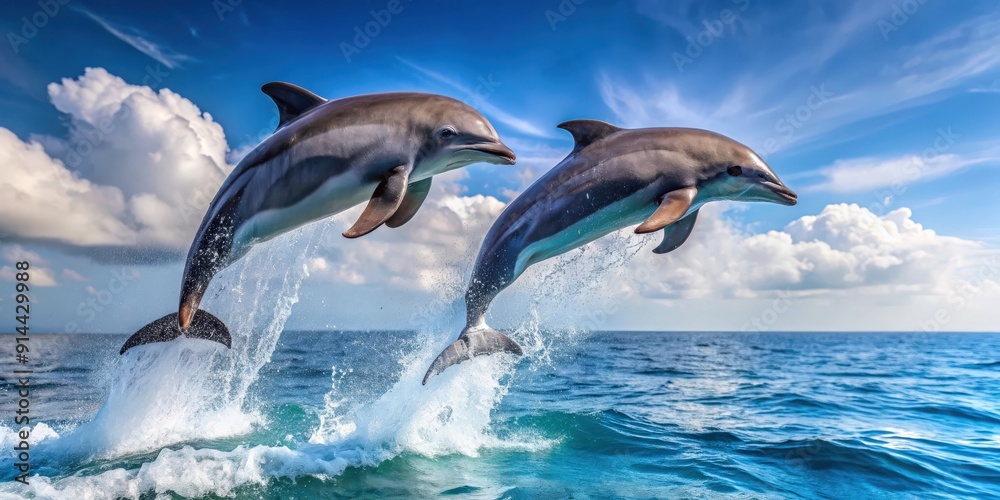 Two dolphins gracefully leaping out of the water, dolphins, wildlife, animals, ocean, marine life, aquatic Two dolphins gracefully leaping out of the water, dolphins, wildlife, animals, ocean, marine life, aquatic