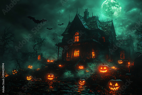 A spooky Halloween scene of a haunted house on a hill under a full moon, with glowing carved pumpkins on the porch. Bats' shadows cross the moonlit sky, and twisted, barren trees surround the house photo