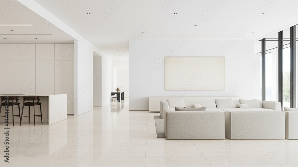 Fototapeta premium A large white living room with a white wall and white furniture